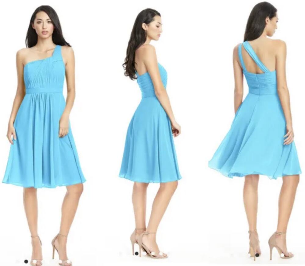 Azazie One Shoulder Chiffon Dress Knee Length Pleated Lined Jade Blue Green A0
